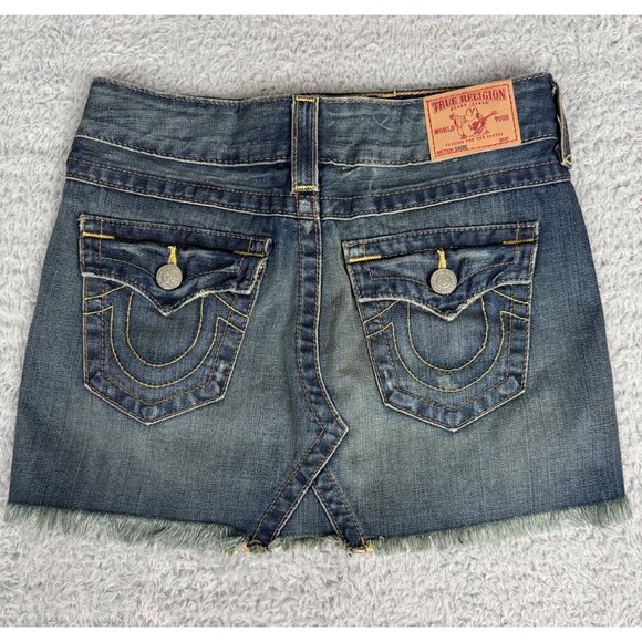 True Religion Womens Denim Mini Skirt Size 26 Frayed Hem Y2K Cotton USA Made - Picture 2 of 12
